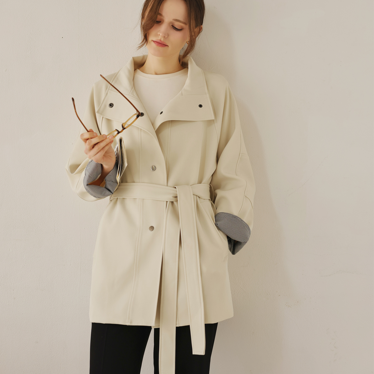 Highneck Check Color Block Loose Fit Jacket