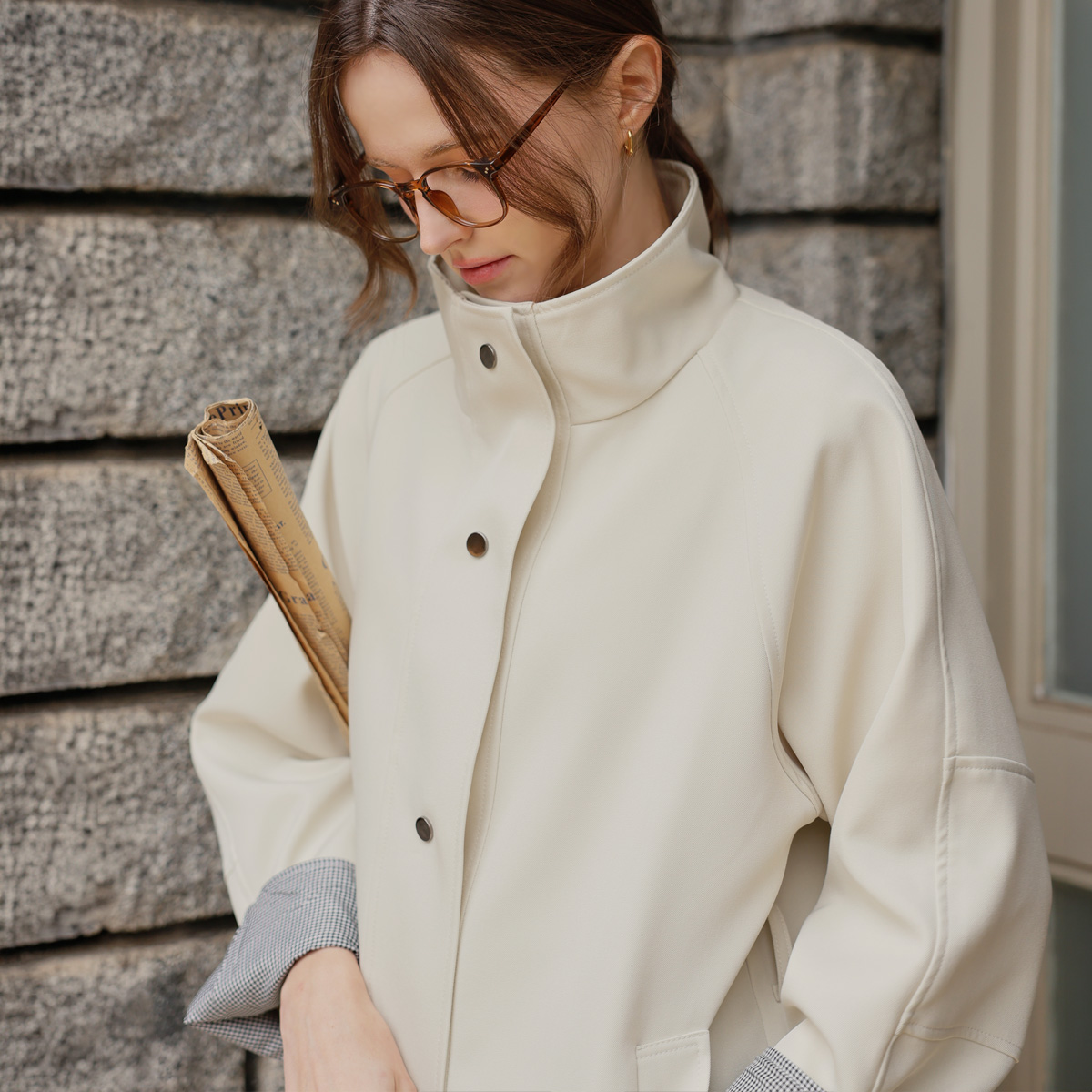 Highneck Check Color Block Loose Fit Jacket