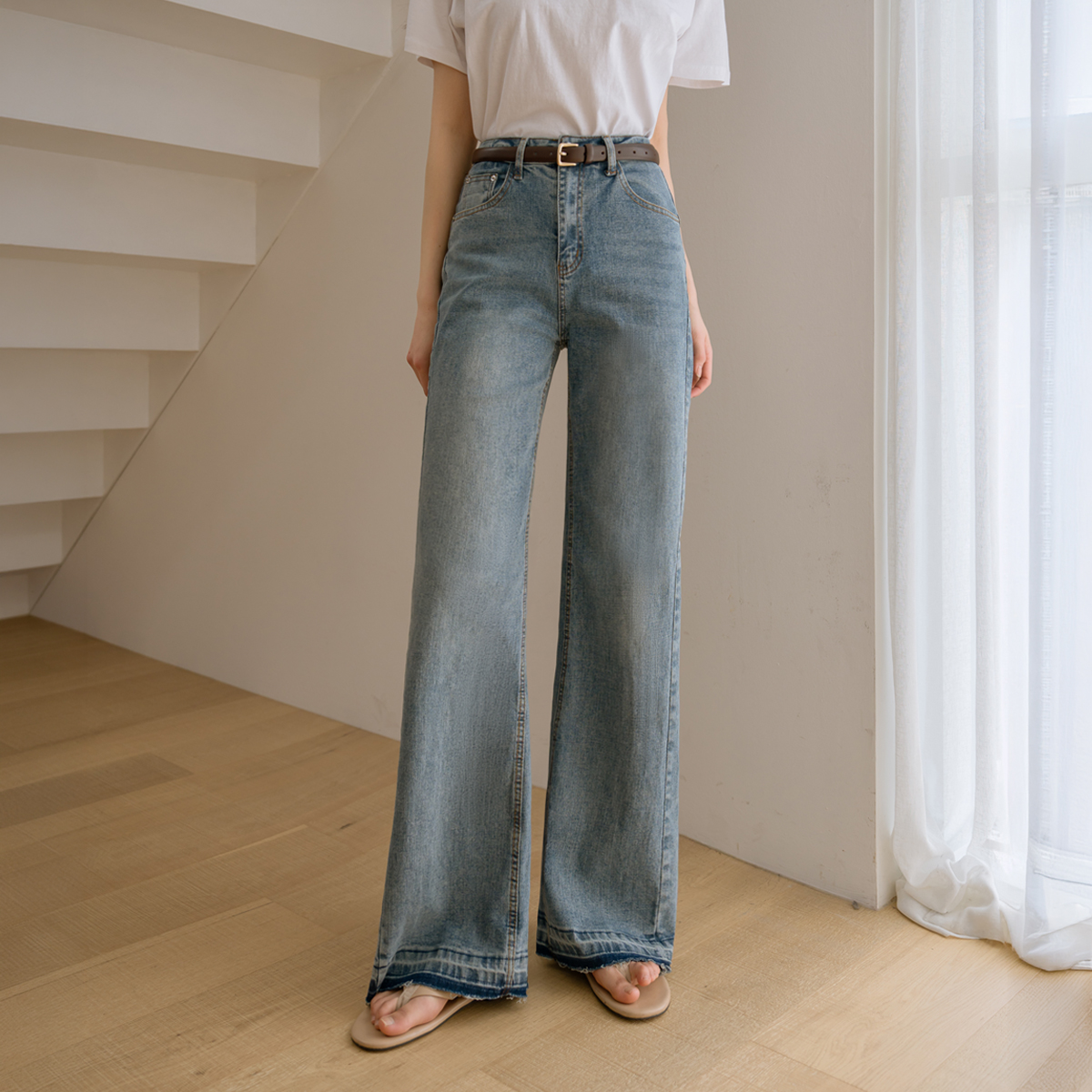 2-Type Triangle Cut Wide Bootcut Denim Pants