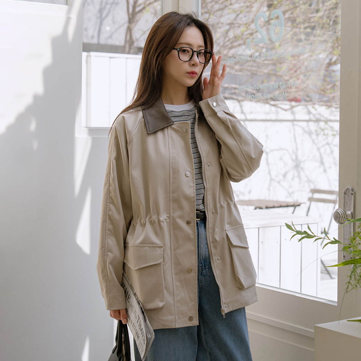 Leather collar color-block string jacket