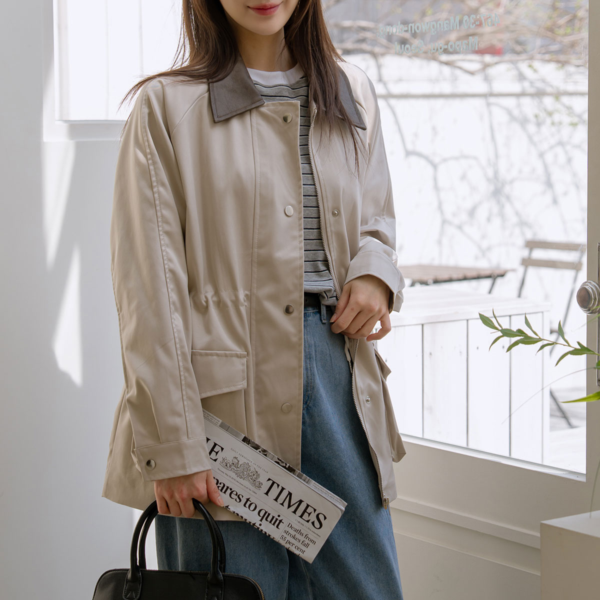 Leather collar color-block string jacket