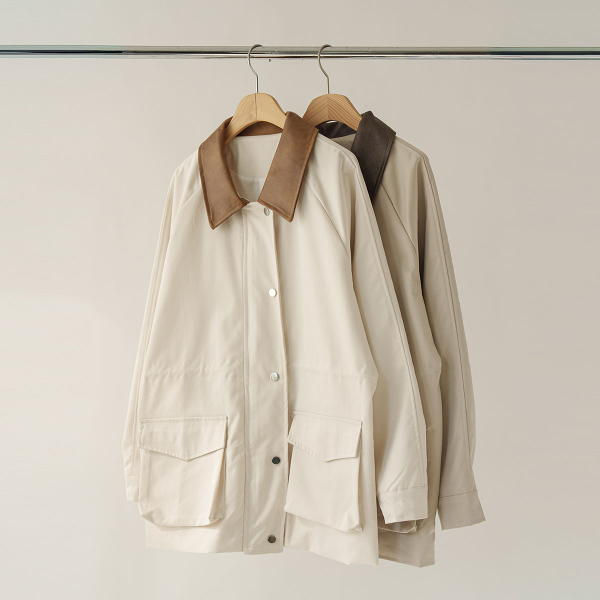 Leather collar color-block string jacket