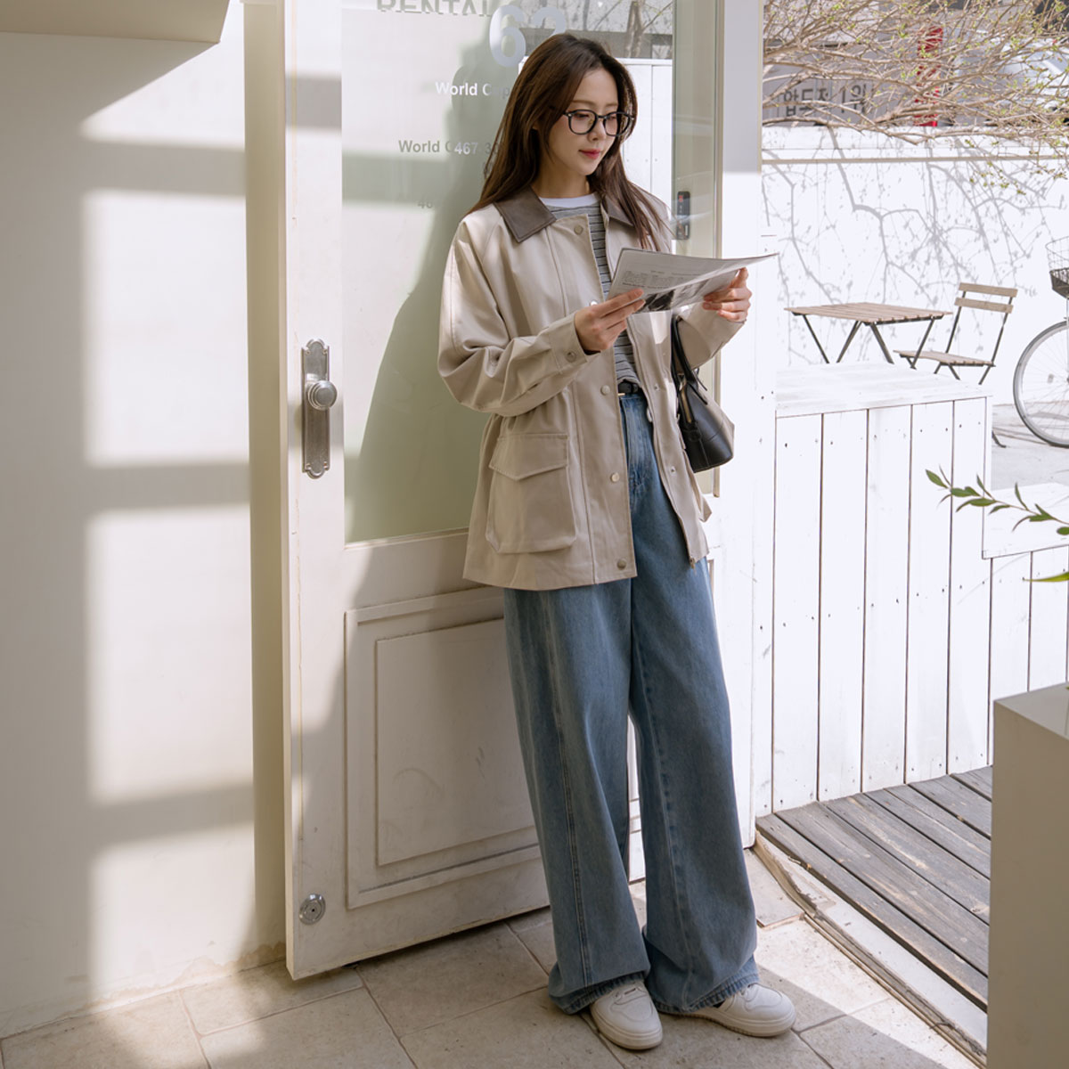 Leather collar color-block string jacket