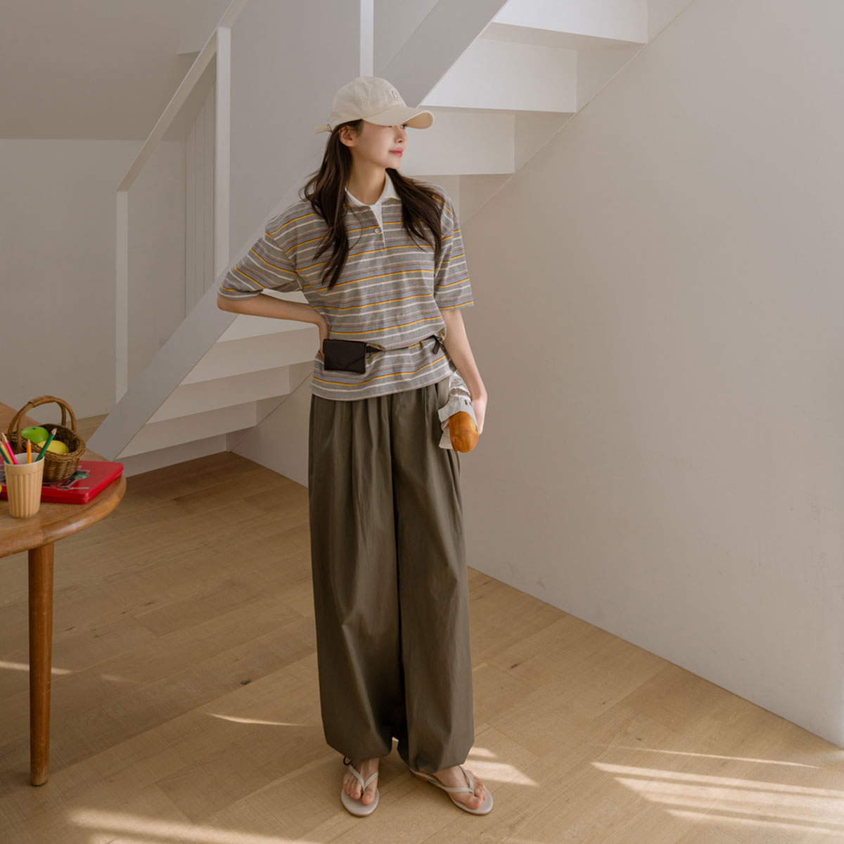 Light cotton two-way elasticated wide pants