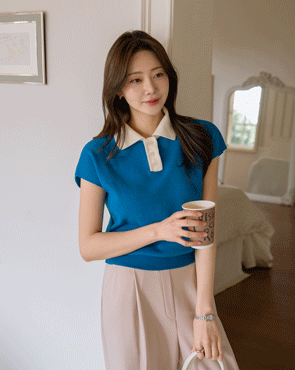 Cap sleeve color block collar knit