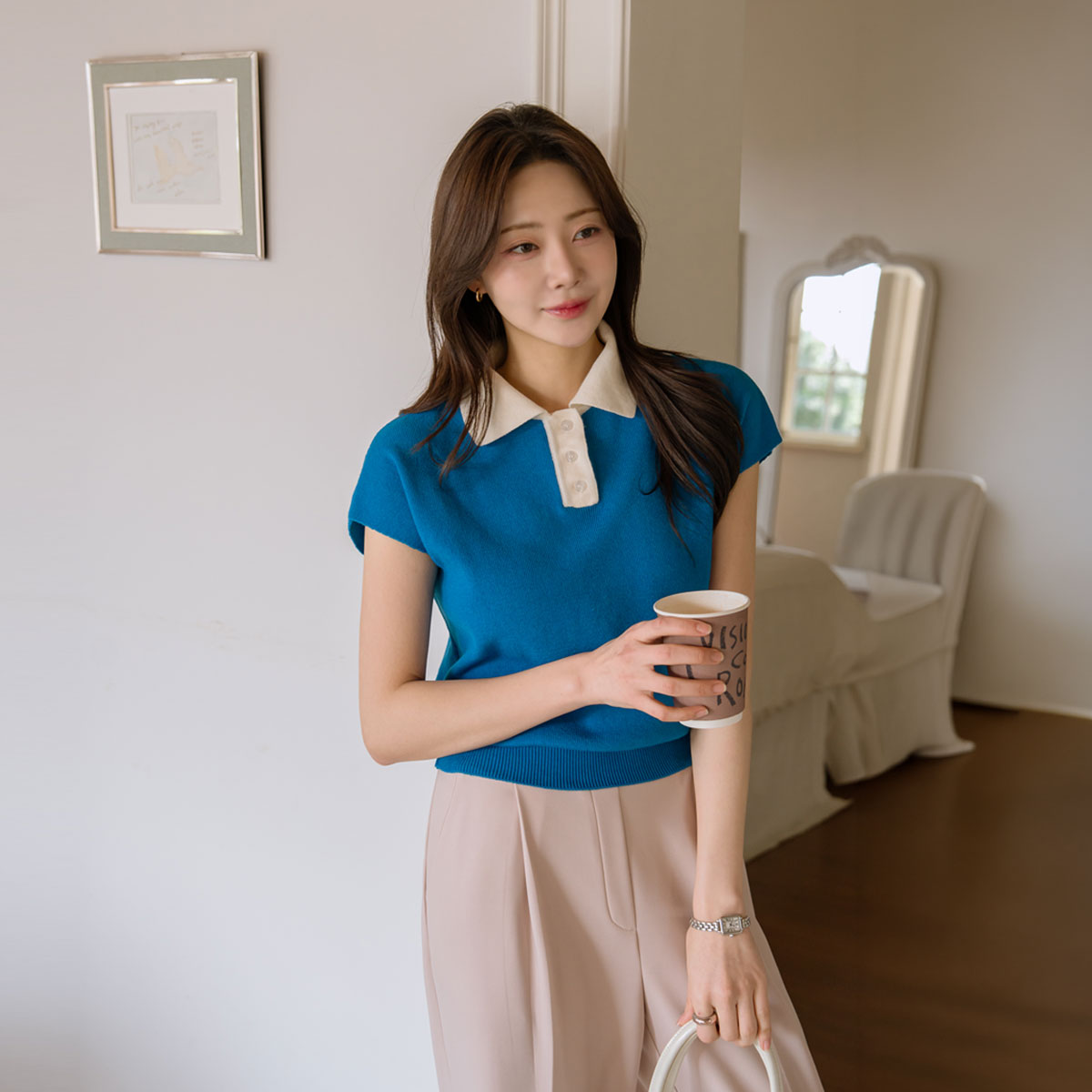 Cap sleeve color block collar knit