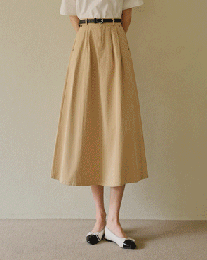 Belt set cotton pintuck flare skirt