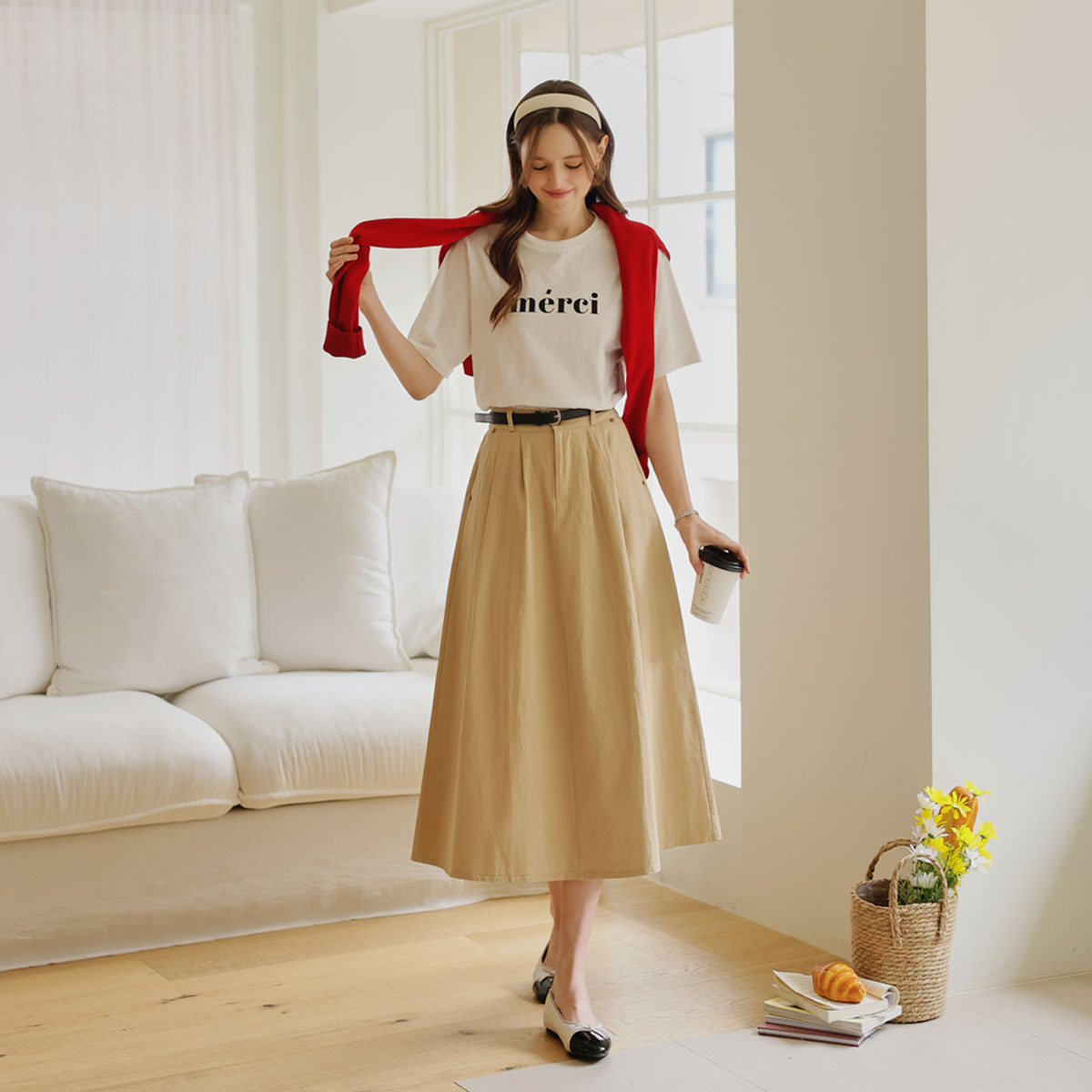 Belt set cotton pintuck flare skirt