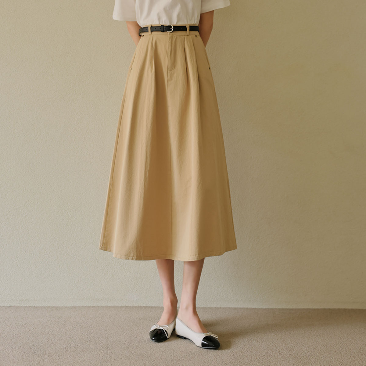 Belt set cotton pintuck flare skirt