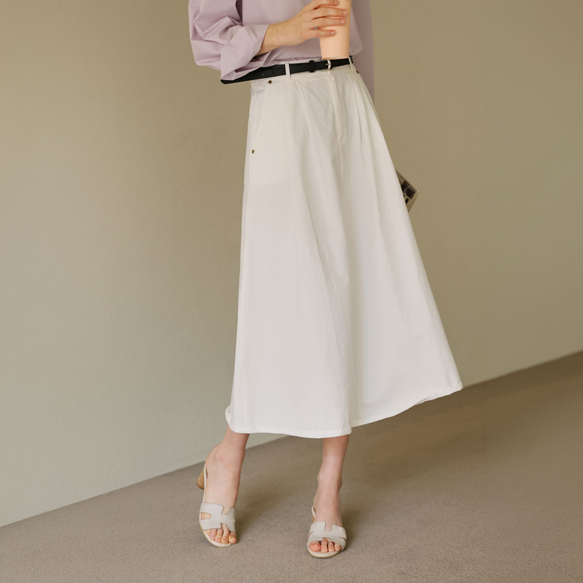 Belt set cotton pintuck flare skirt