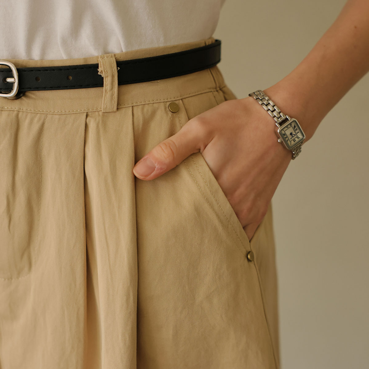 Belt set cotton pintuck flare skirt