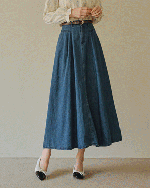 Belt Set Cut Flare Denim Skirt