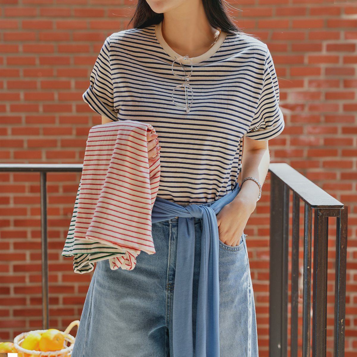 High-density cotton striped short-sleeve tee