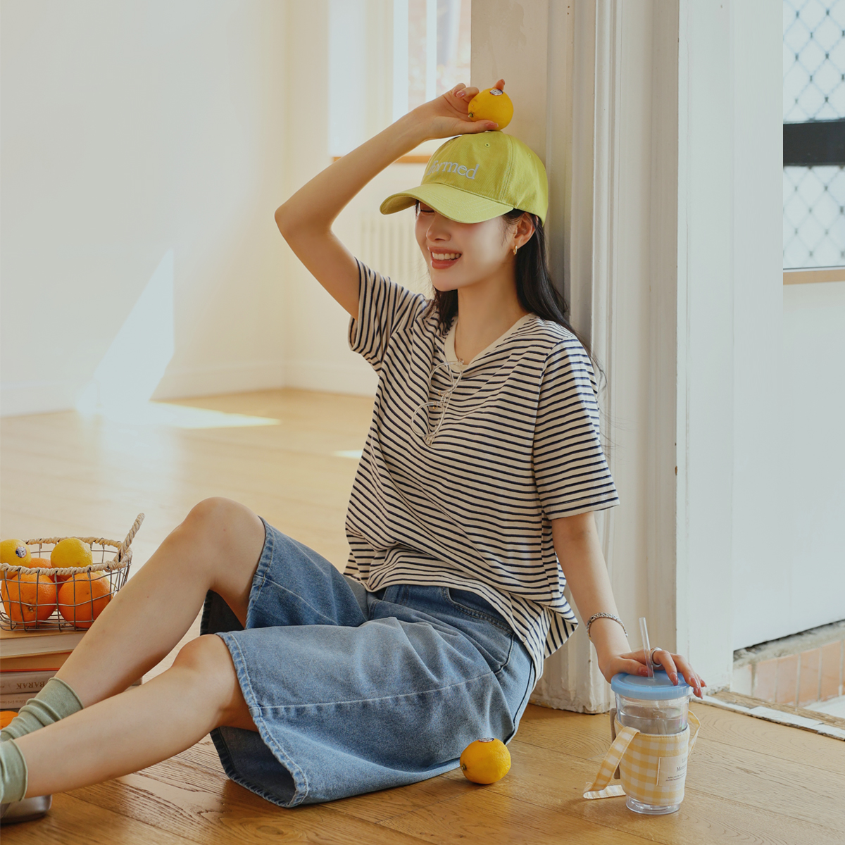 High-density cotton striped short-sleeve tee