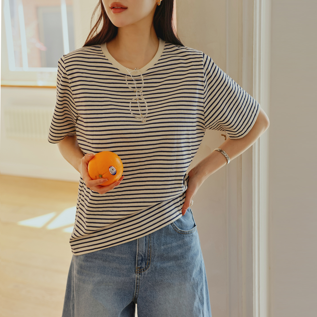 High-density cotton striped short-sleeve tee