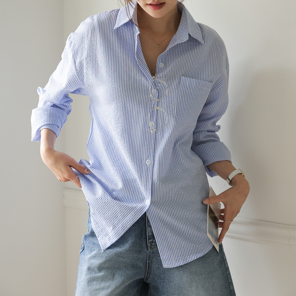 <b>[Special 2-Piece Deal]</b> Sky Blue Seersucker Striped Shirt