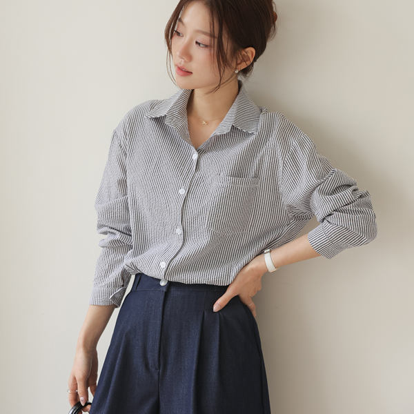 <b>[Special 2-Piece Deal]</b> Sky Blue Seersucker Striped Shirt