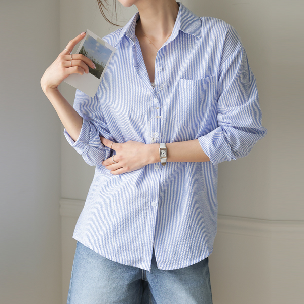 <b>[Special 2-Piece Deal]</b> Sky Blue Seersucker Striped Shirt