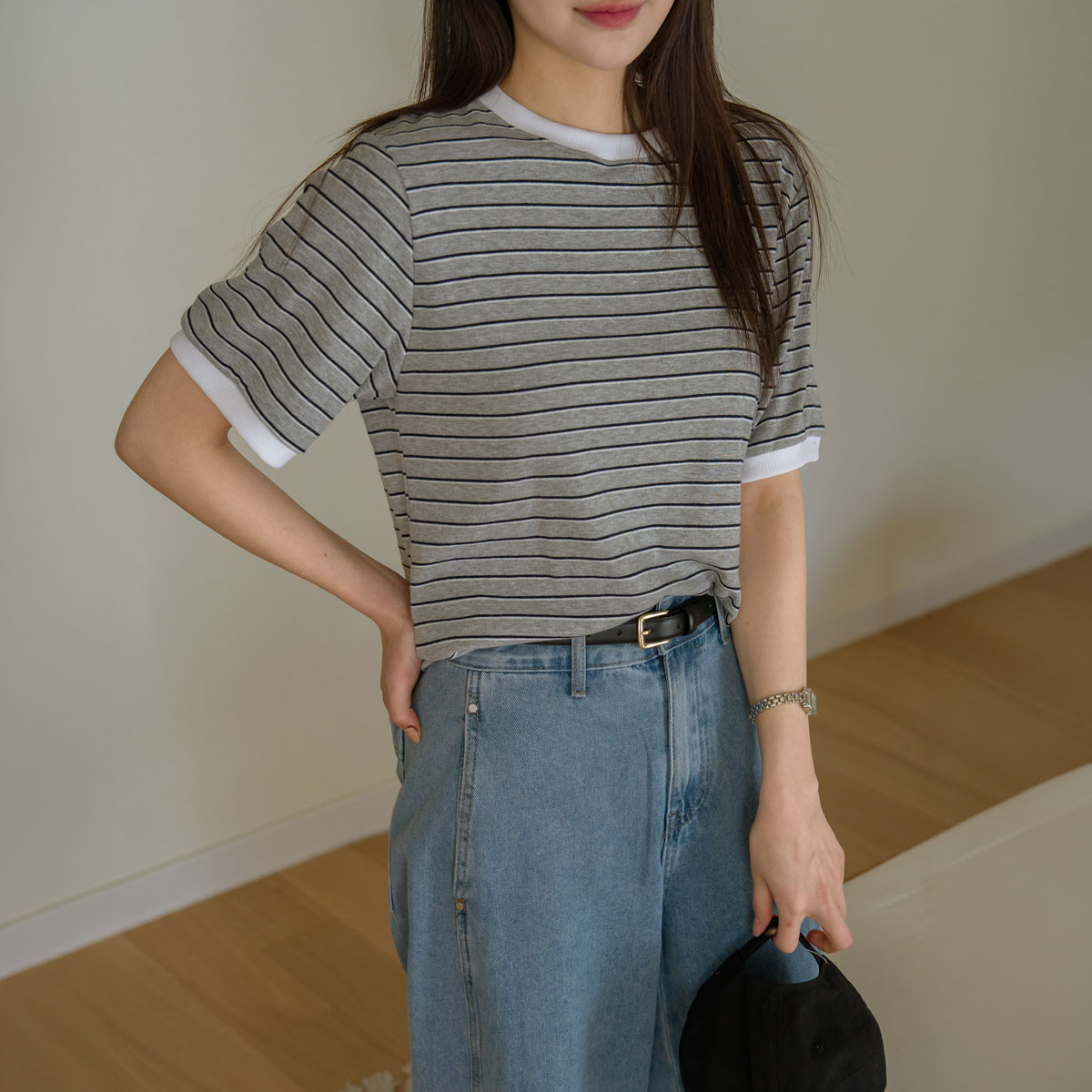 Cheese Spandex Striped Short Sleeve T-shirt