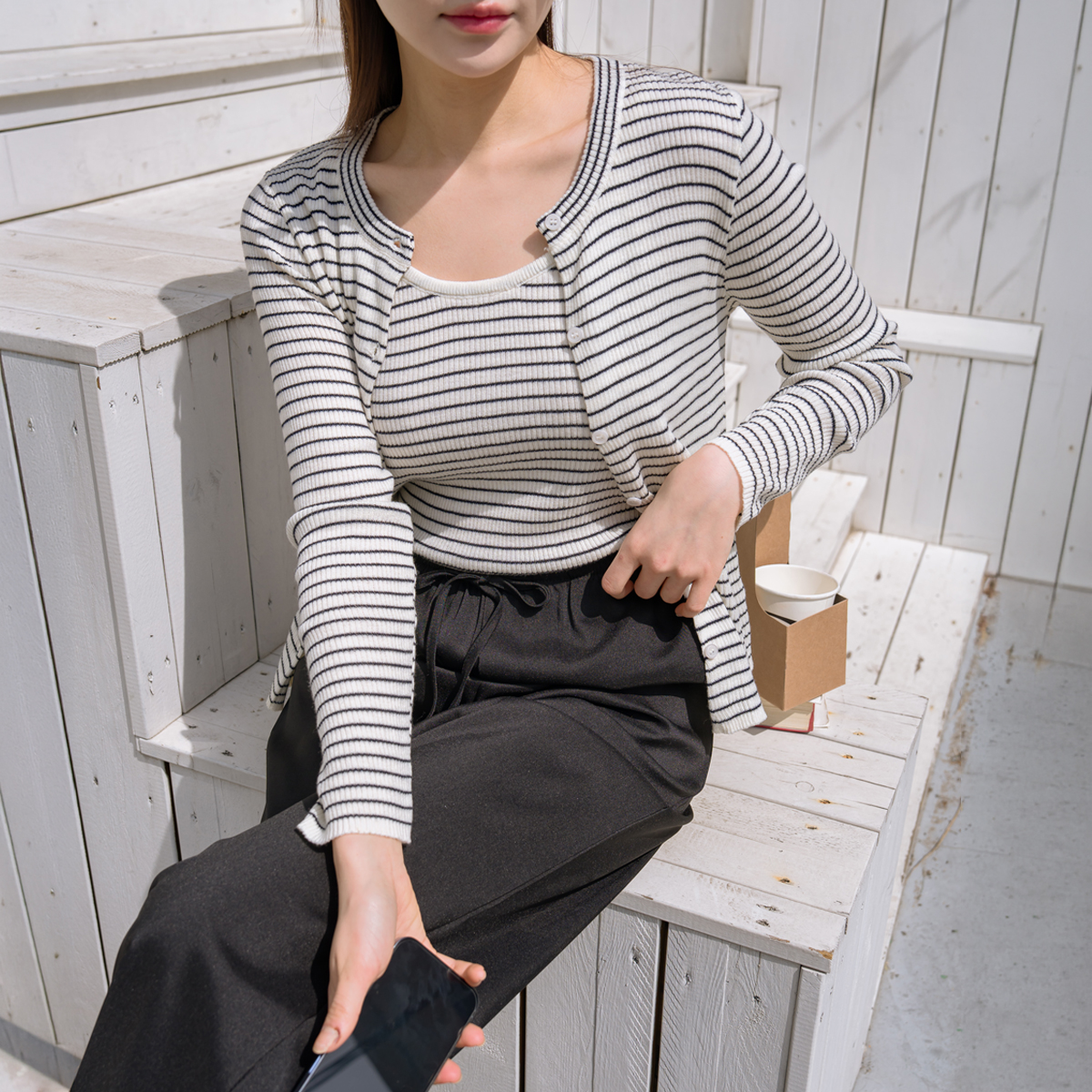 Striped ribbed sleeveless cardigan set
