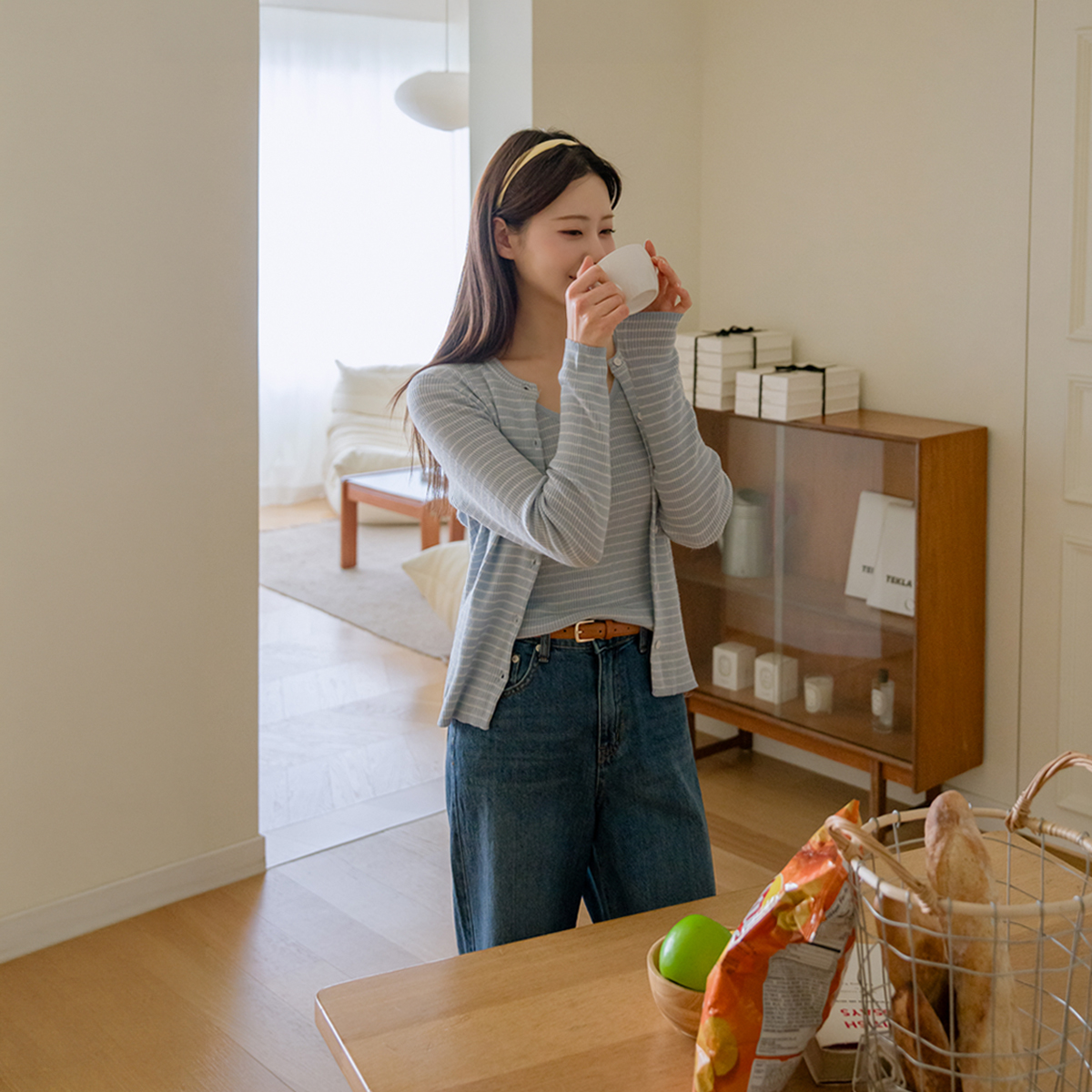 Striped ribbed sleeveless cardigan set