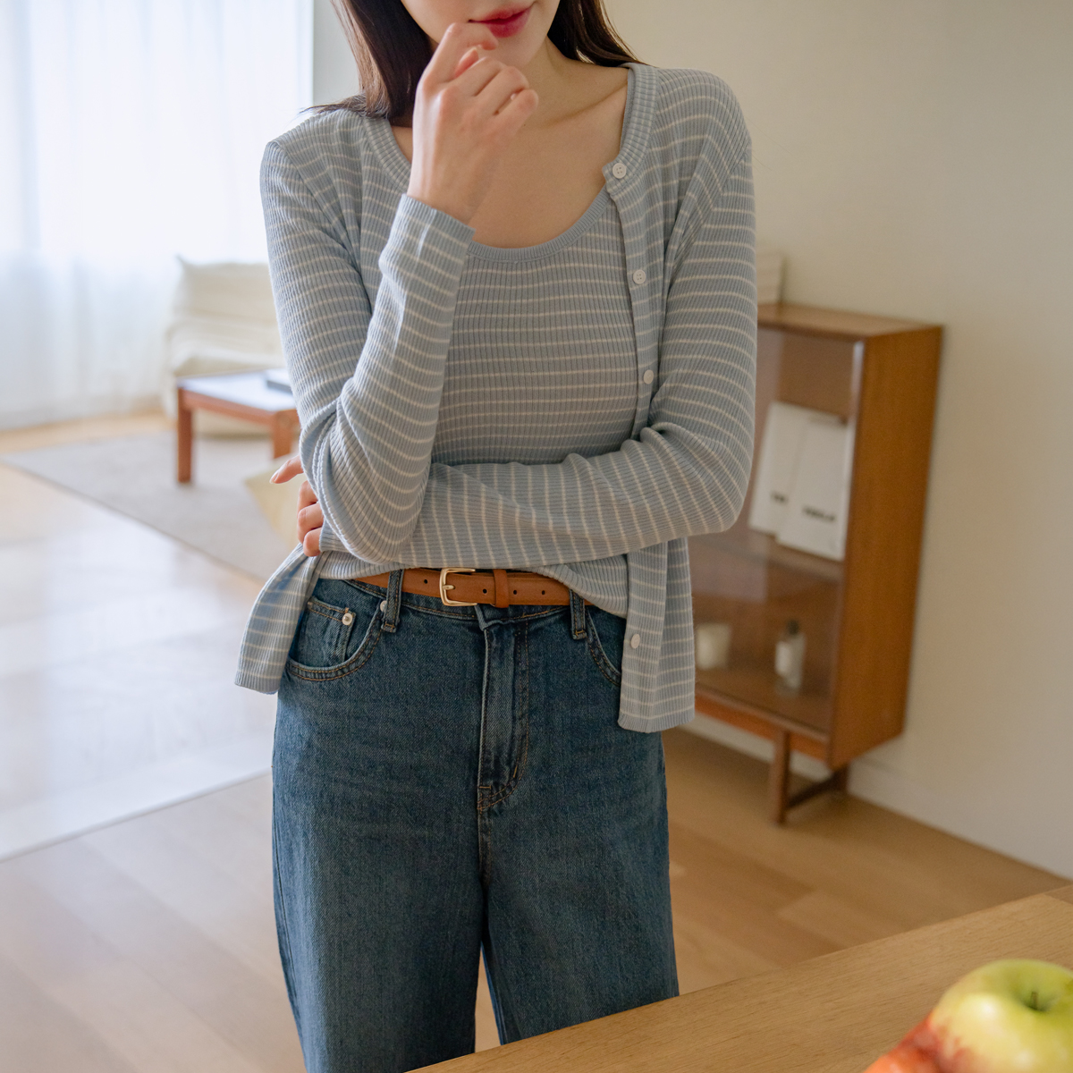 Striped ribbed sleeveless cardigan set