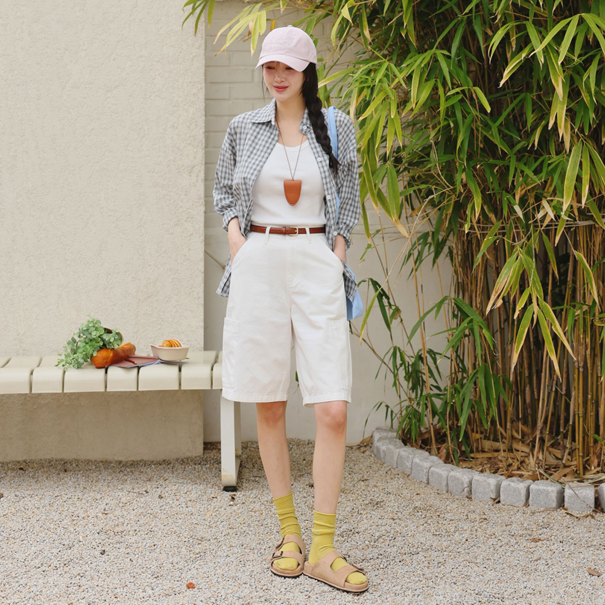 Back Buckle Wide Cotton Bermuda Pants