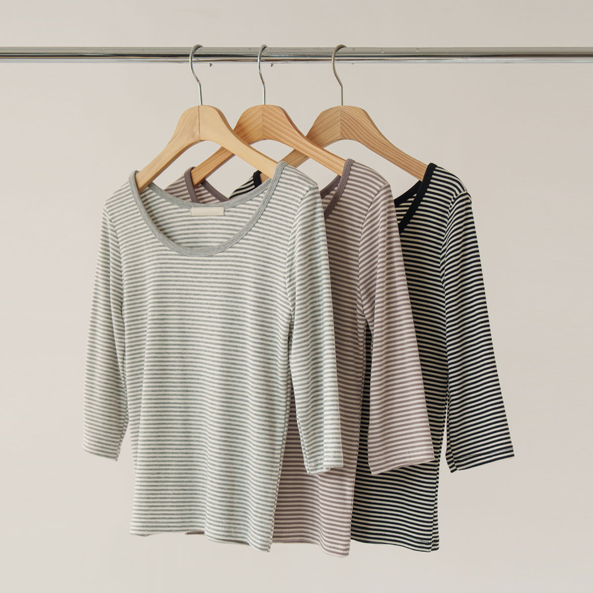 <b>[Special 2-Piece Deal]</b> Corrugated U-Neck 3/4 Sleeve Striped Tee