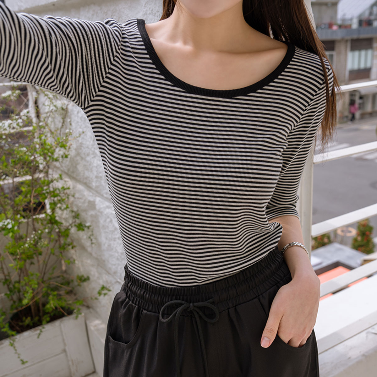 <b>[Special 2-Piece Deal]</b> Corrugated U-Neck 3/4 Sleeve Striped Tee