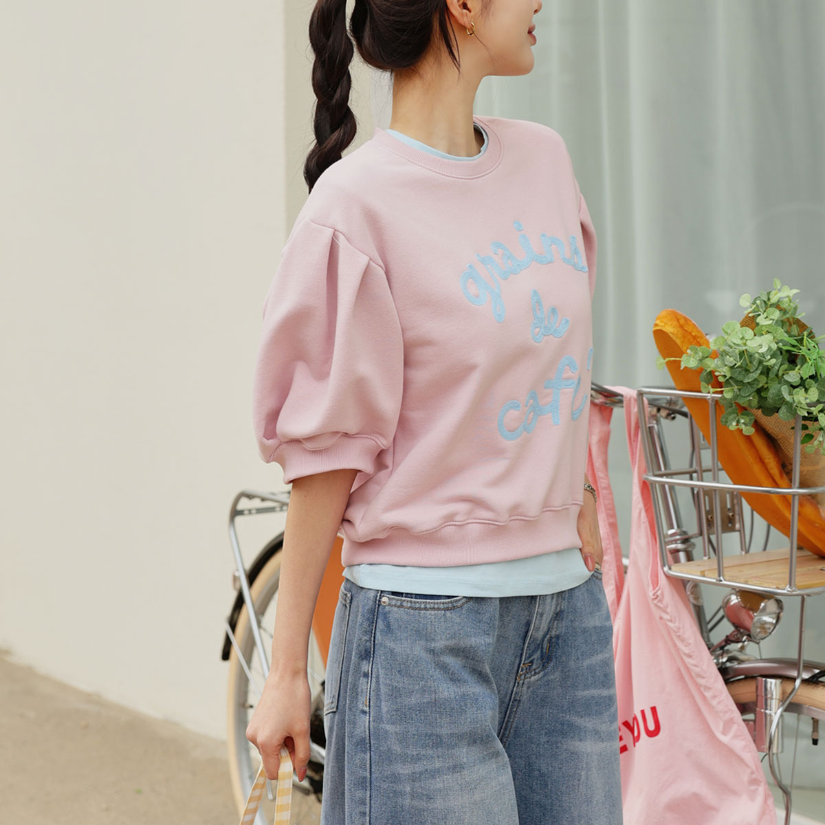 Cafe puff sleeve short-sleeve sweatshirt