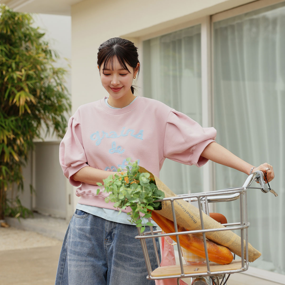 Cafe puff sleeve short-sleeve sweatshirt