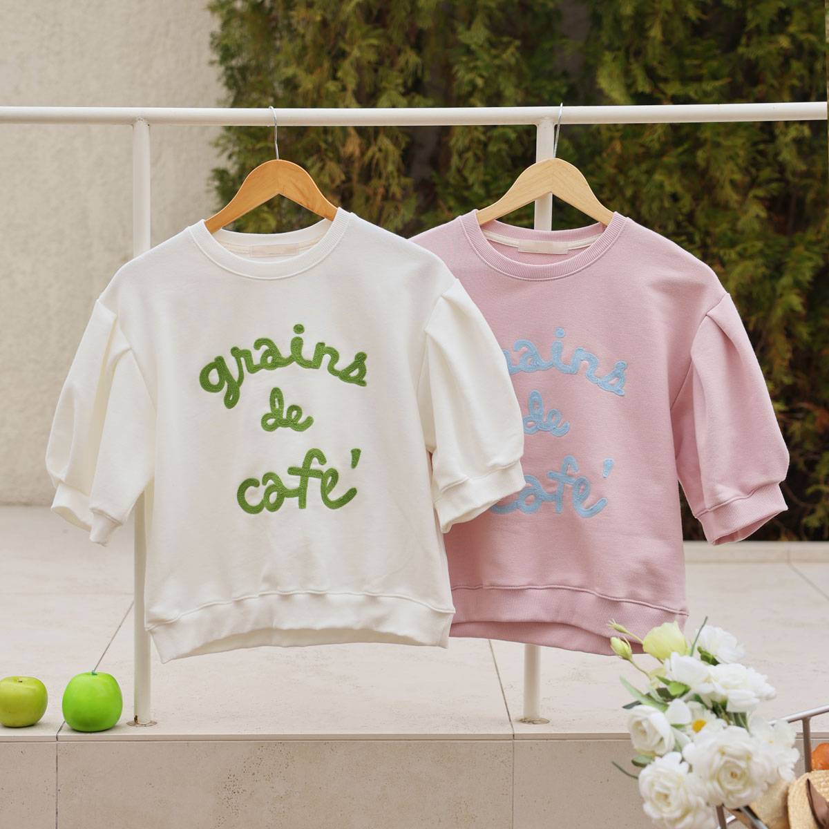 Cafe puff sleeve short-sleeve sweatshirt