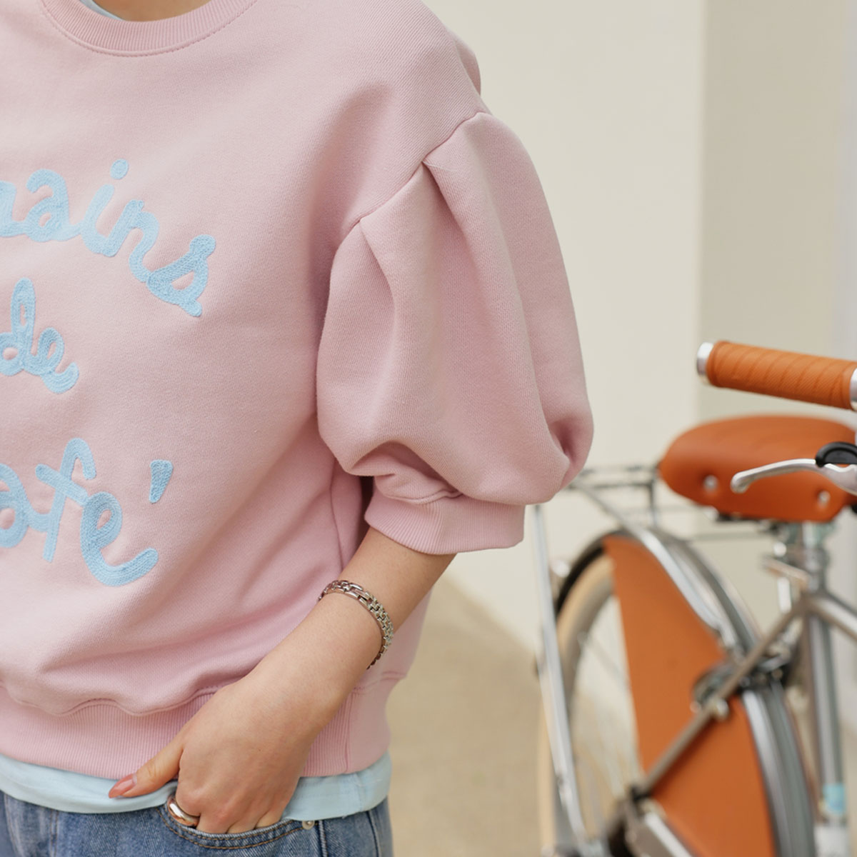 Cafe puff sleeve short-sleeve sweatshirt