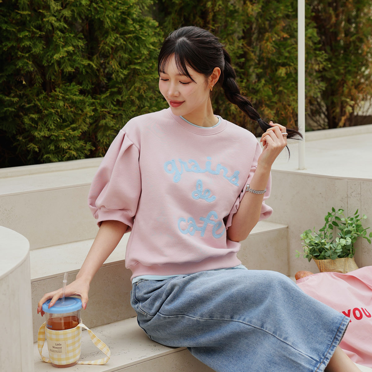 Cafe puff sleeve short-sleeve sweatshirt