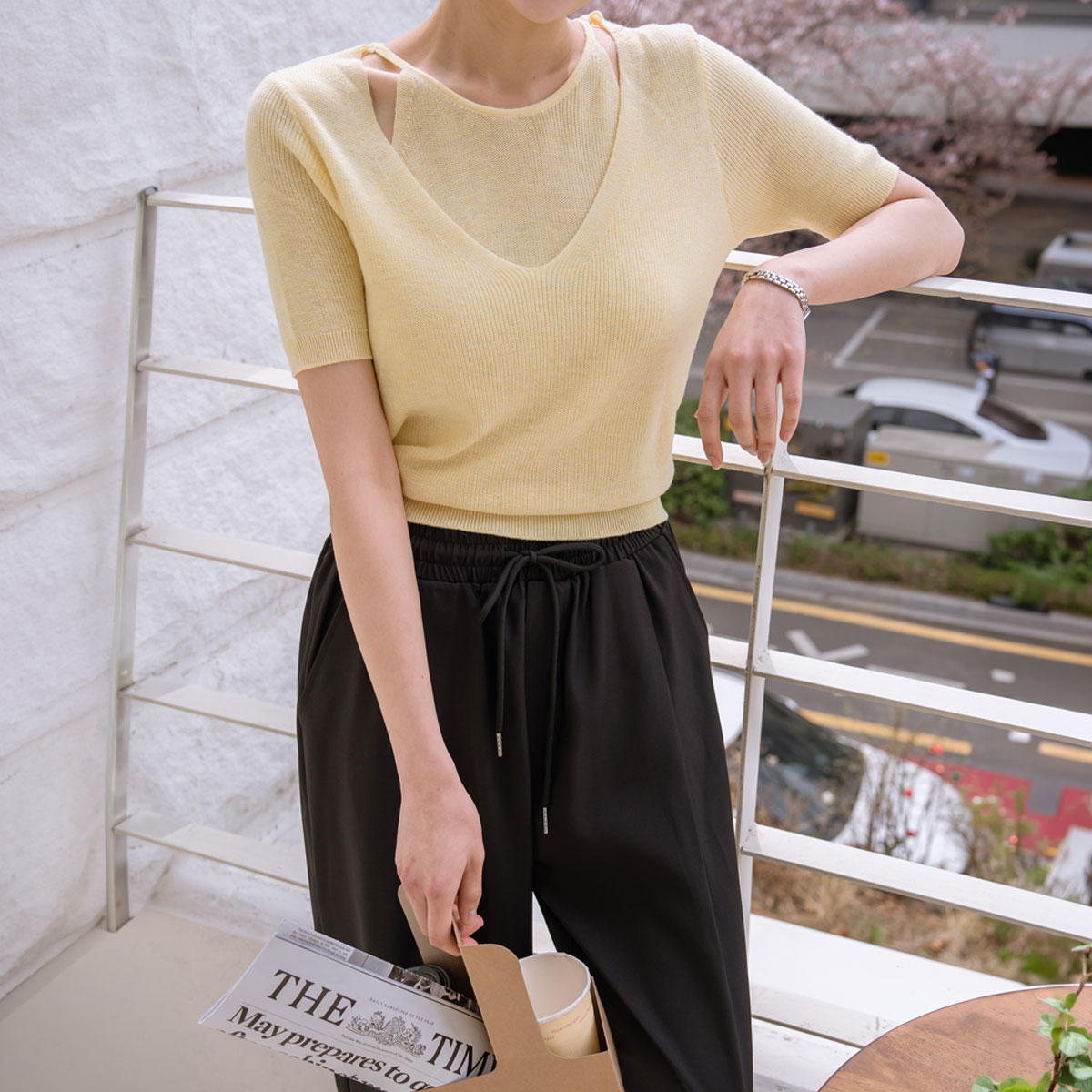 Layered color-block slit knit