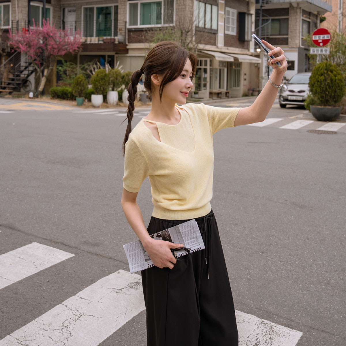 Layered color-block slit knit