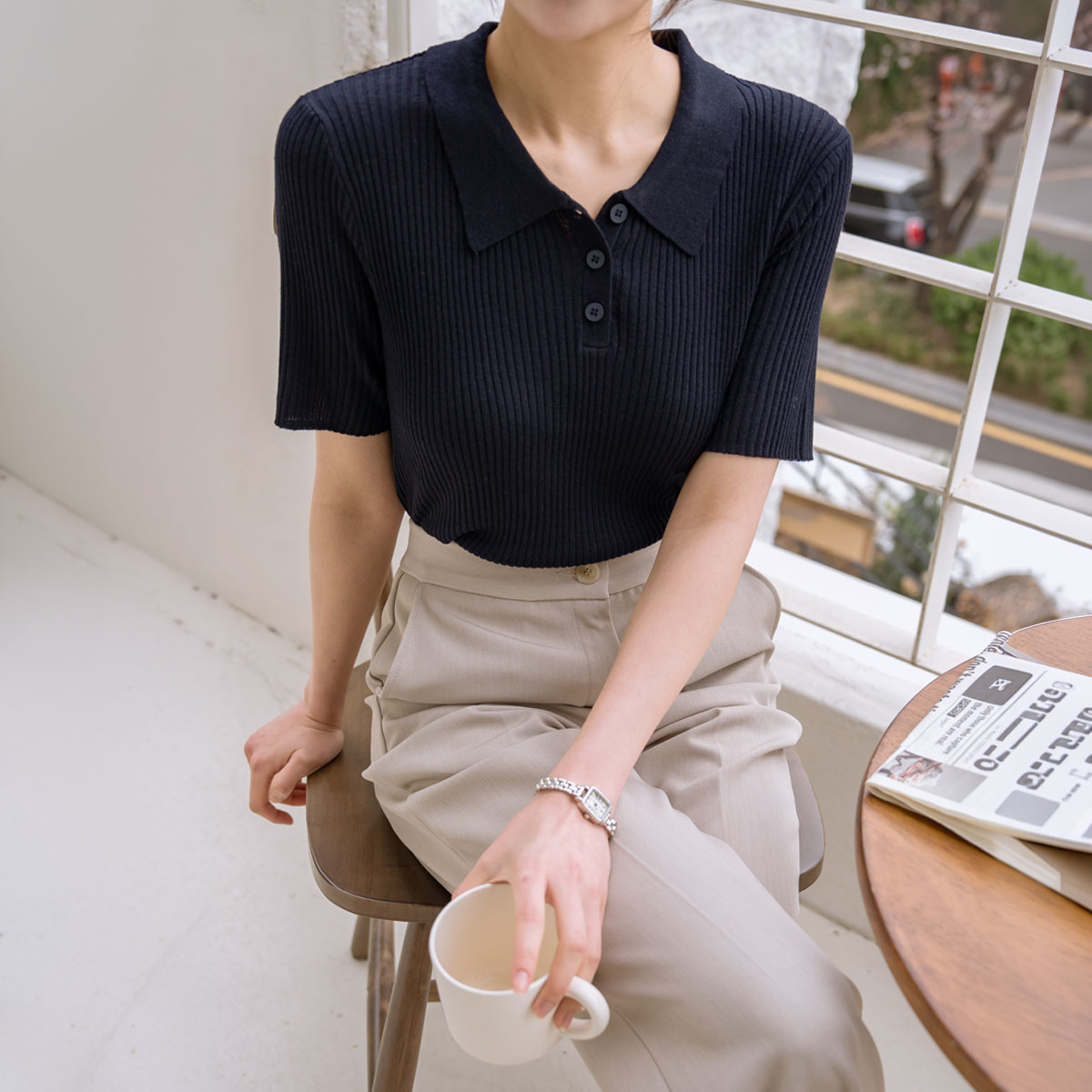 slimline Span ribbed collar knit