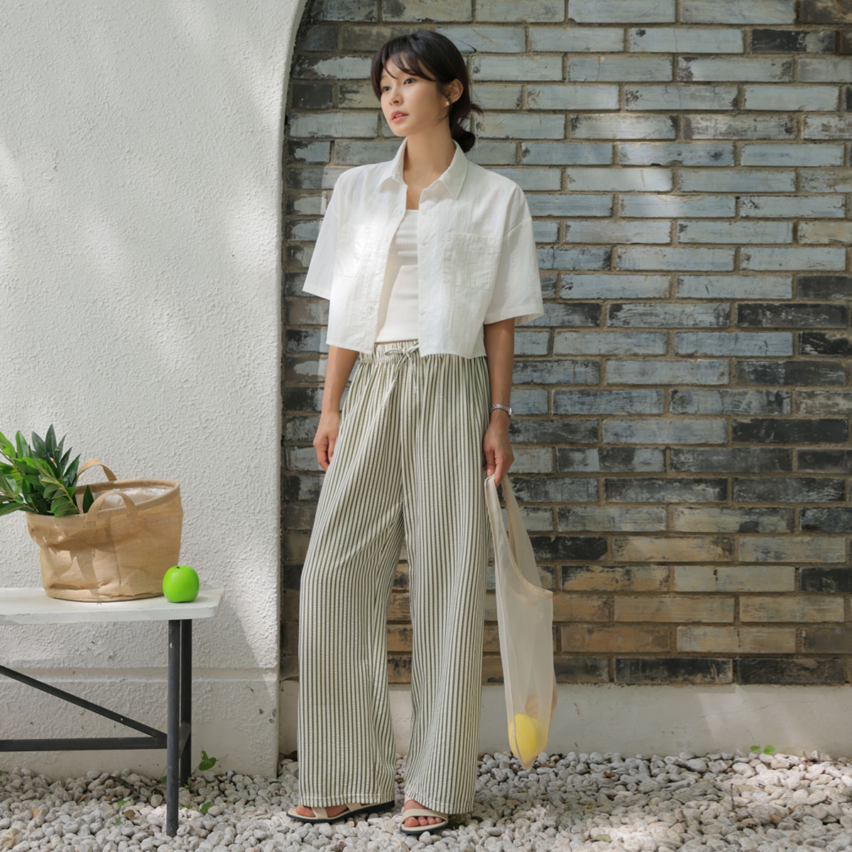 Cool Summer Seersucker Banding Striped Pants