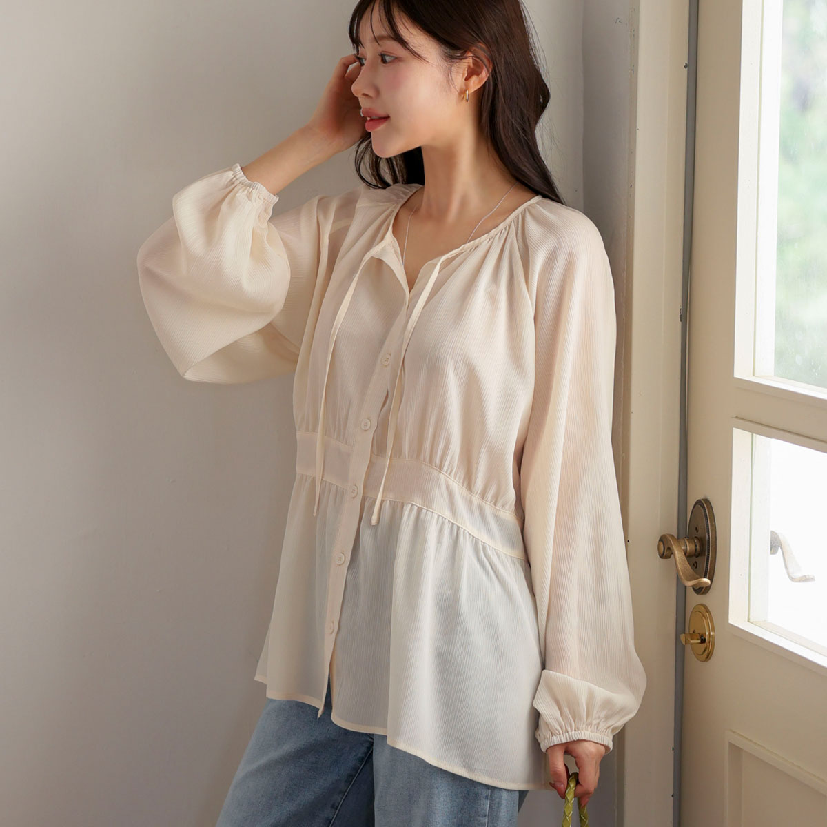 <b>[Made]</b> Flowy Chiffon Shirred Blouse