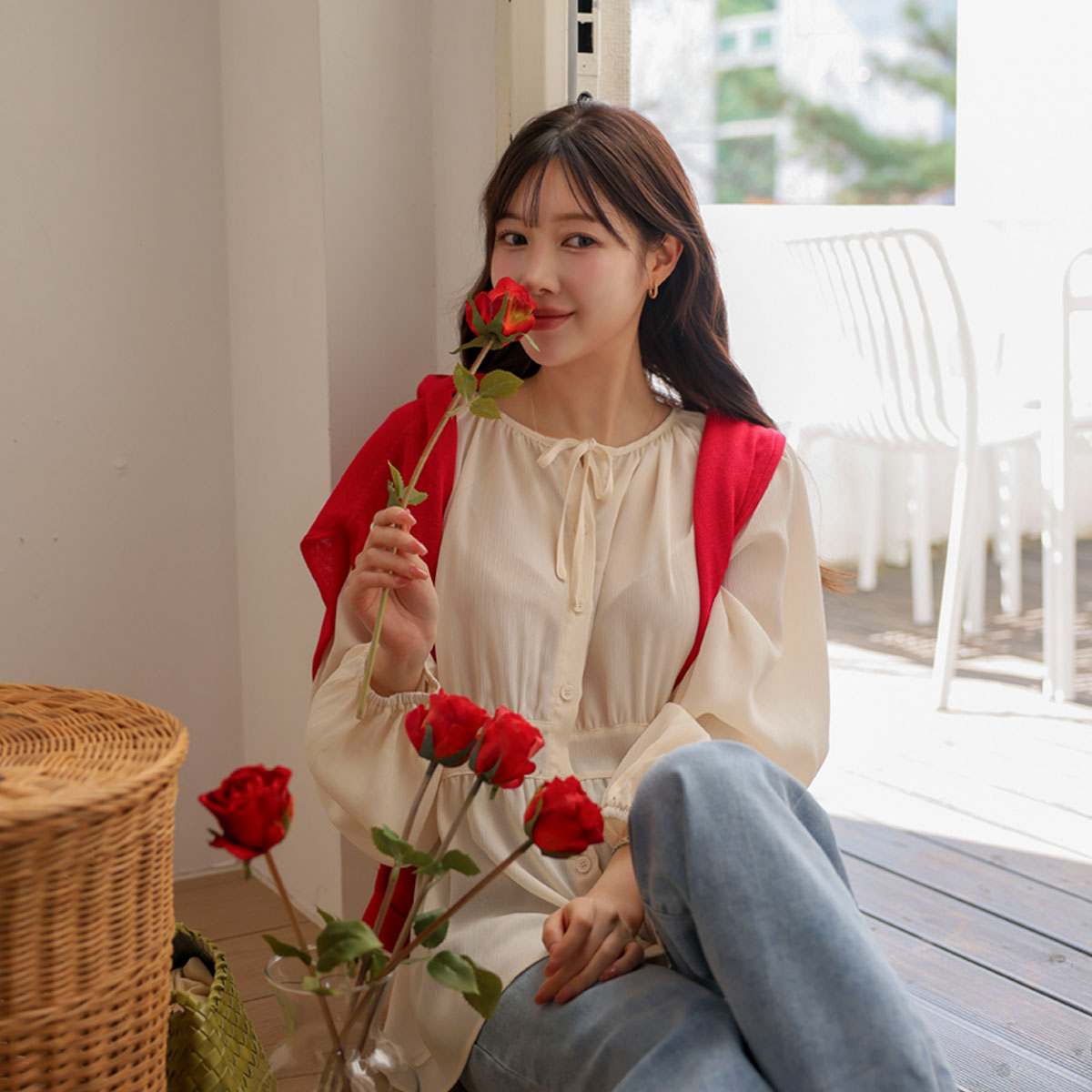 <b>[Made]</b> Flowy Chiffon Shirred Blouse