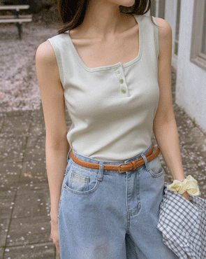 Bio Square Neck Button Ribbed Sleeveless Top