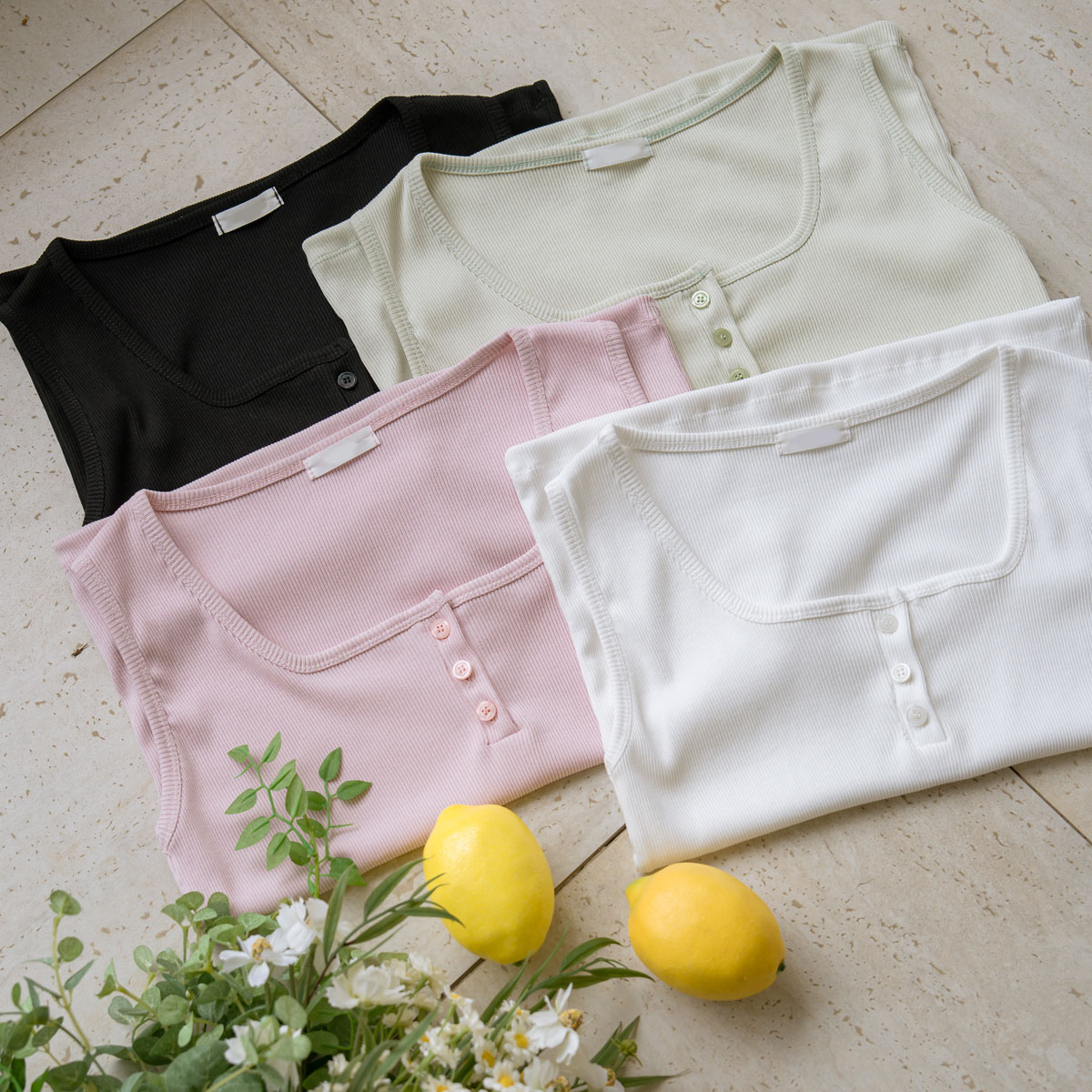 Bio Square Neck Button Ribbed Sleeveless Top