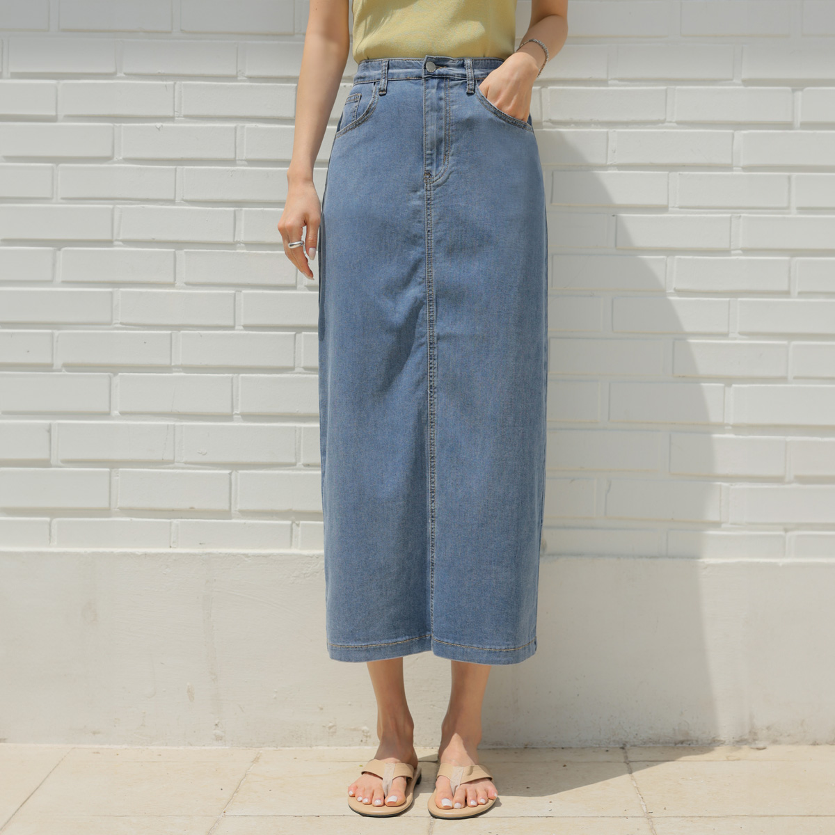 <b>[4 Colors/Short Length Add-on/S-2XL/Back Slit]</b> 2 Types Cooliocell Fleece Denim Skirt
