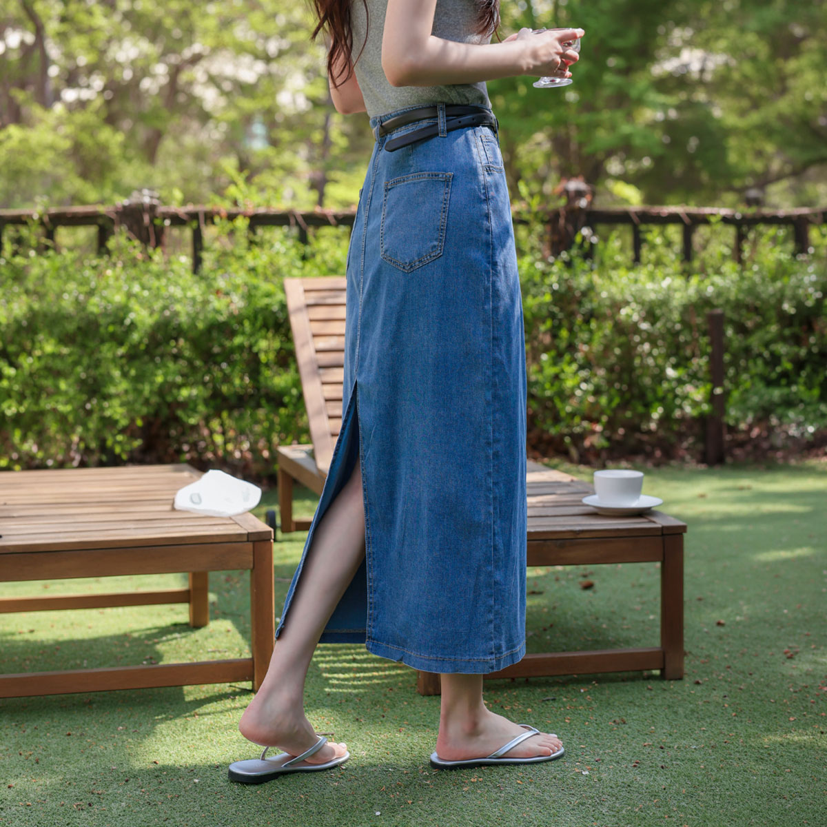 <b>[4 Colors/Short Length Add-on/S-2XL/Back Slit]</b> 2 Types Cooliocell Fleece Denim Skirt