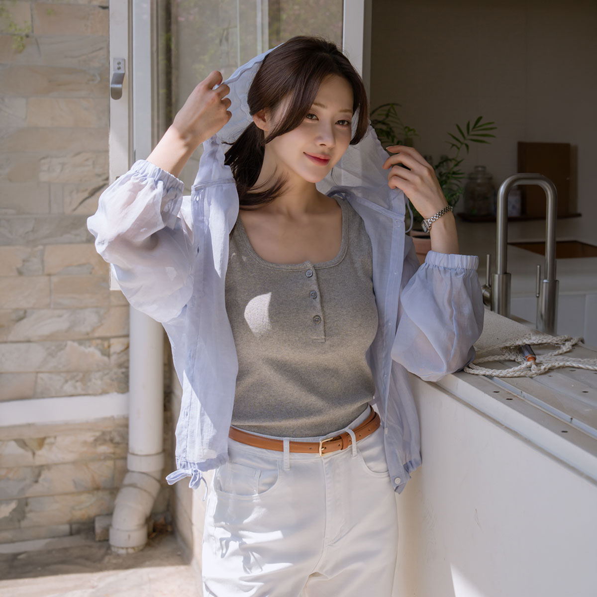 See-through string hooded shirt