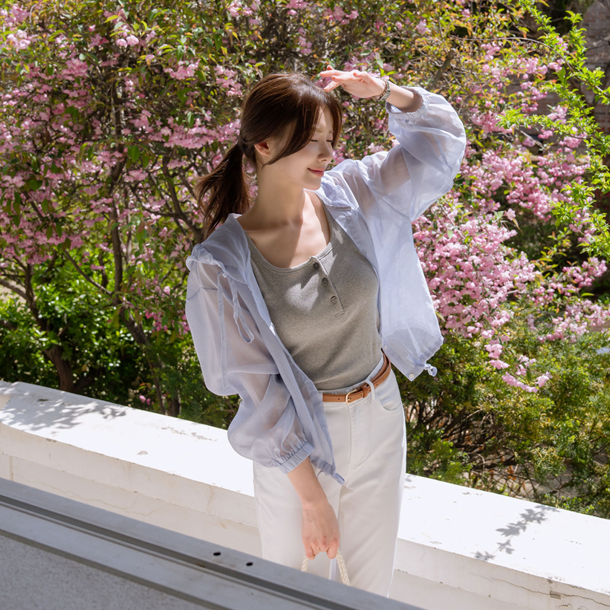 See-through string hooded shirt