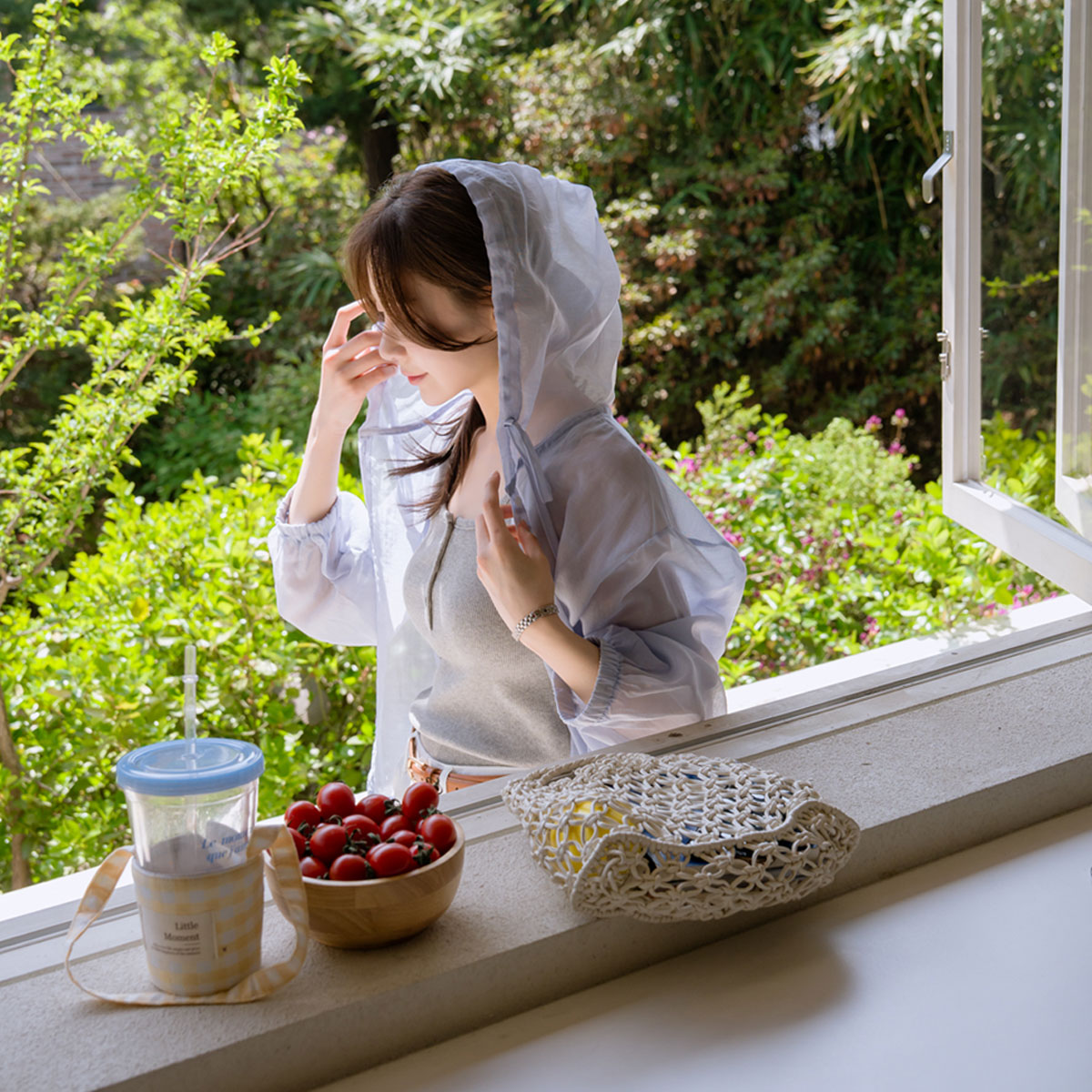 See-through string hooded shirt