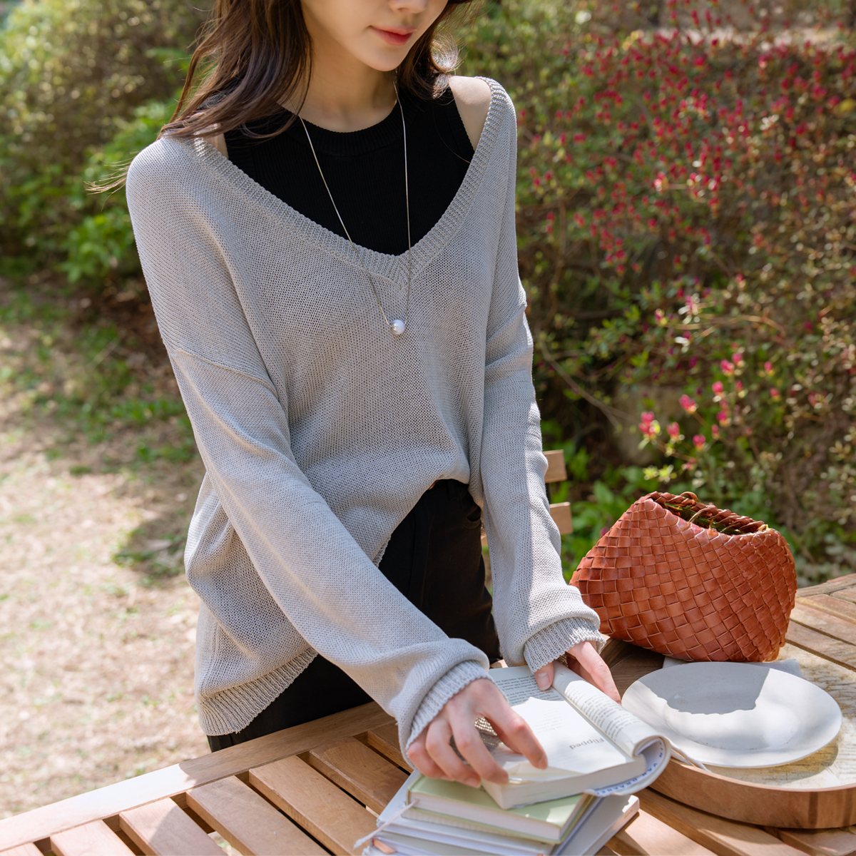 layered deep V-neck knit