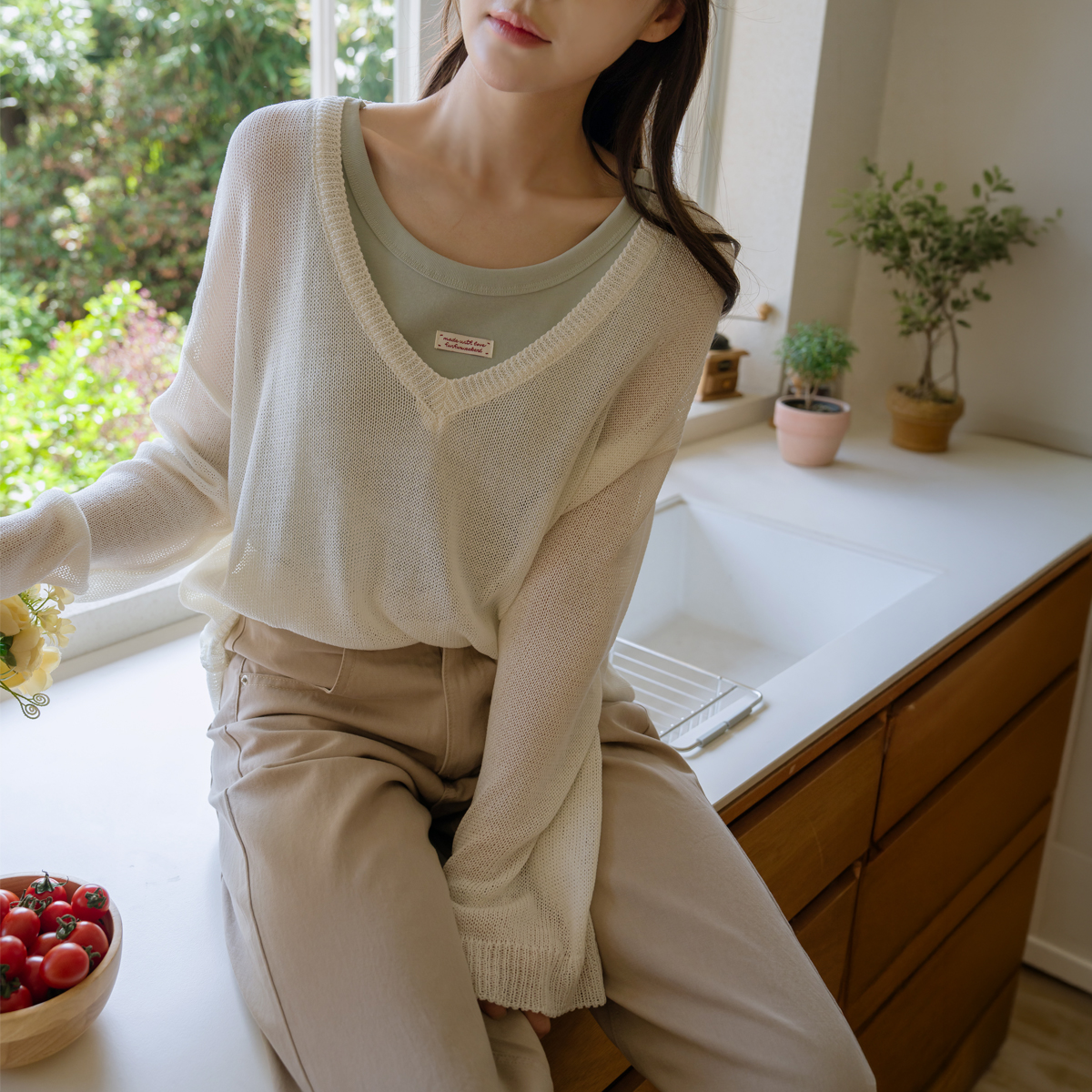 layered deep V-neck knit