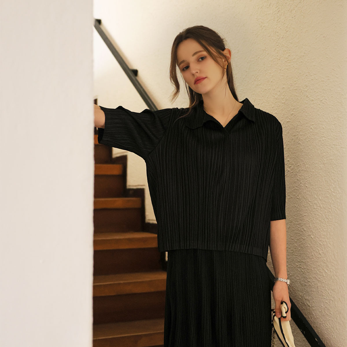 <b>[Summer Shirt/Highly Recommended for Office Look][Made]</b> Charming Pleated Shirt Collar T-Blouse